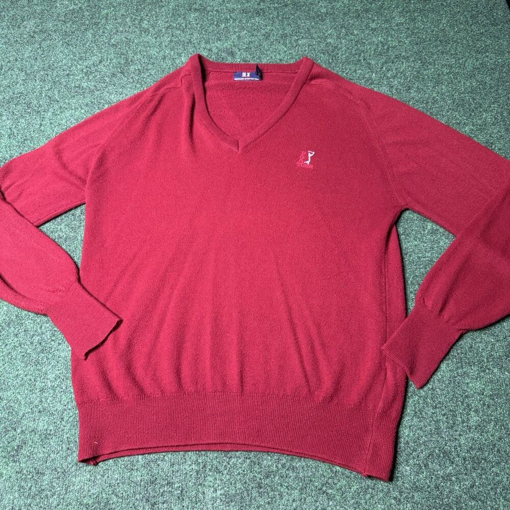 PGA Tour Sweater Men’s XL Red V Neck Vintage USA Made Orlon Acrylic Golf Knit